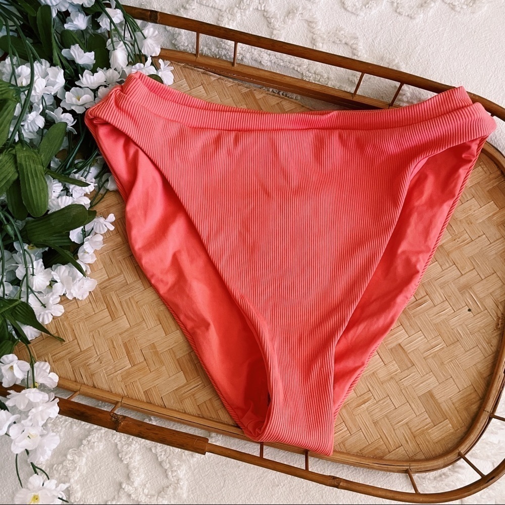 NWT Becca Coral Pink High Waisted High Leg Bikini Bottoms sz L
